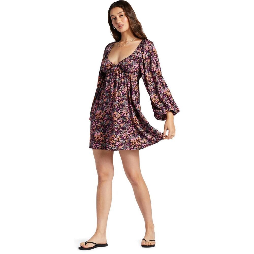Roxy Sweetest Shores Dress in Anthracite Floral Daze L Babydoll Empire Waist